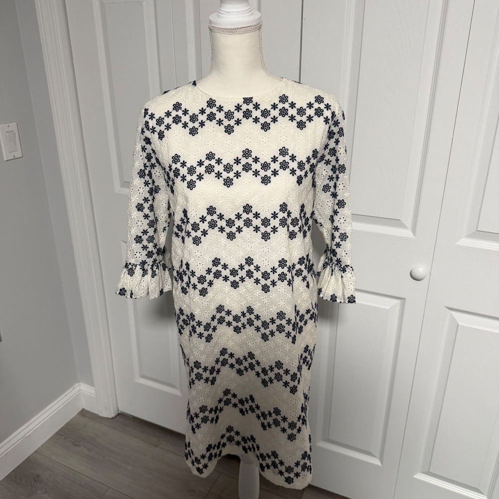 Vineyard Vines Navy White Eyelet Ruffle Sleeve Shift Dress Size Medium